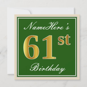 Invitation Élégant, Vert, Faux Or 61e anniversaire + Nom