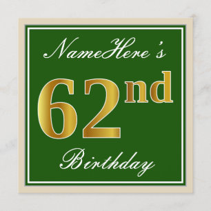 Invitation Élégant, Vert, Faux Or 62ème anniversaire + Nom