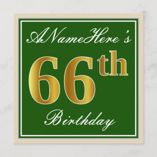 Invitation Elégant, Vert, Faux Or 66ème anniversaire + Nom