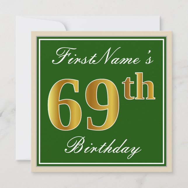 Invitation Elégant, Vert, Faux Or 69ème Anniversaire + Nom (Devant)