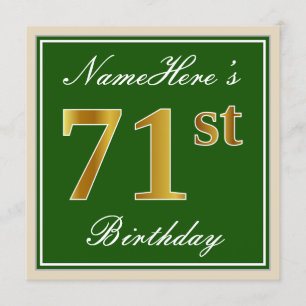 Invitation Elégant, Vert, Faux Or 71ème Anniversaire + Nom