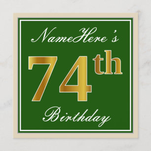 Invitation Elégant, Vert, Faux Or 74ème Anniversaire + Nom