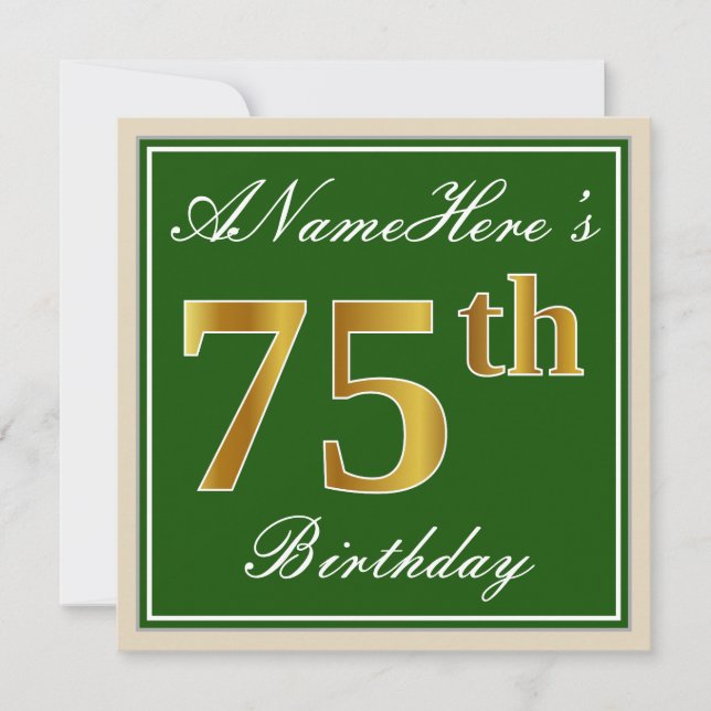 Invitation Elégant, Vert, Faux Or 75ème Anniversaire + Nom (Devant)
