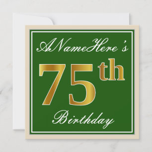 Invitation Elégant, Vert, Faux Or 75ème Anniversaire + Nom