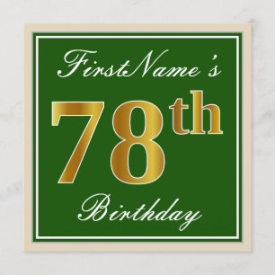 Invitation Elégant, Vert, Faux Or 78ème anniversaire + Nom