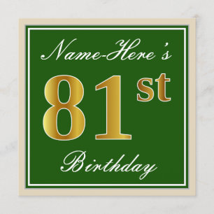 Invitation Elégant, Vert, Faux Or 81ème Anniversaire + Nom