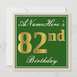 Invitation Elégant, Vert, Faux Or 82ème Anniversaire + Nom