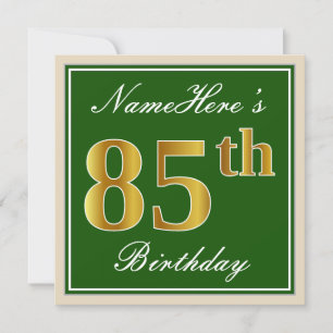 Invitation Elégant, Vert, Faux Or 85ème Anniversaire + Nom