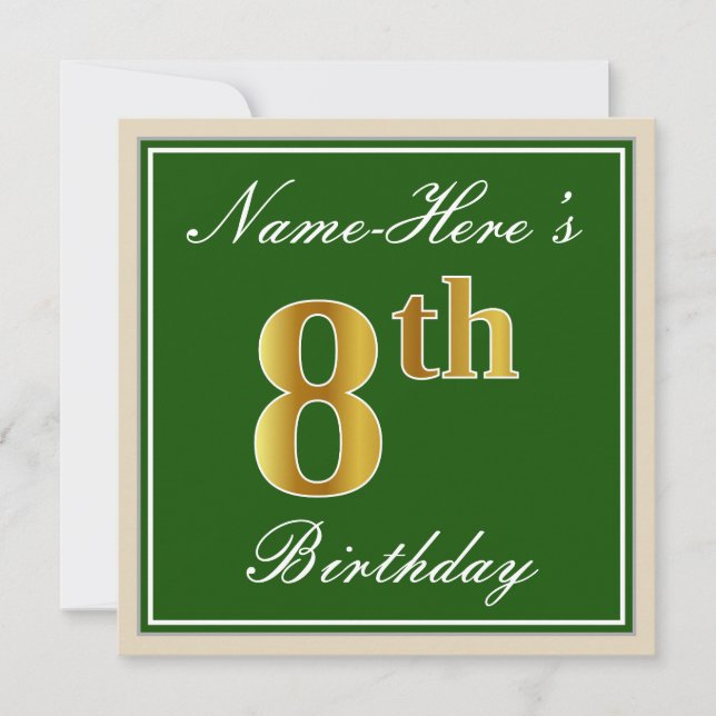 Invitation Elégant, Vert, Faux Or 8ème anniversaire + Nom (Devant)