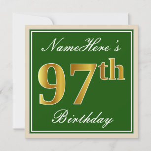 Invitation Elégant, Vert, Faux Or 97ème Anniversaire + Nom