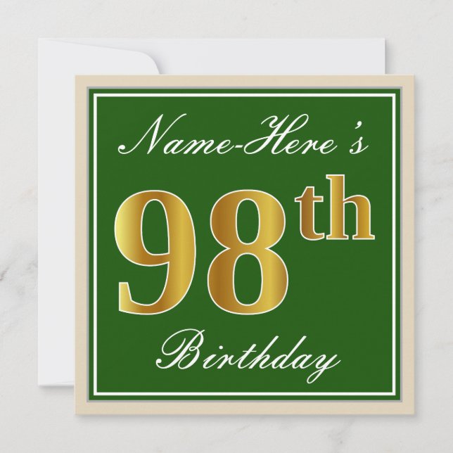 Invitation Elégant, Vert, Faux Or 98ème Anniversaire + Nom (Devant)