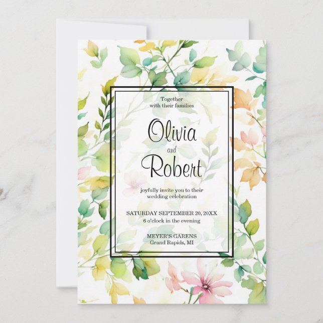 Invitation Elégant vert fleurs sauvages d'aquarelle (Devant)