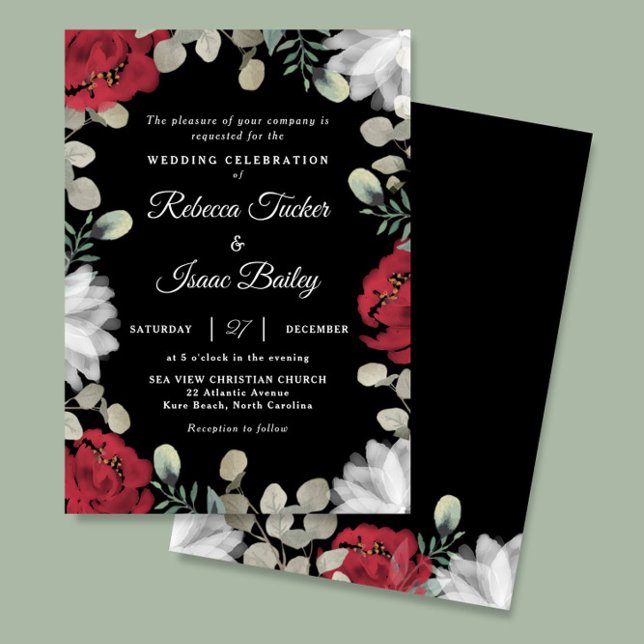 Invitation Elégant vert floral blanc rouge sur Mariage noir (Créateur téléchargé)