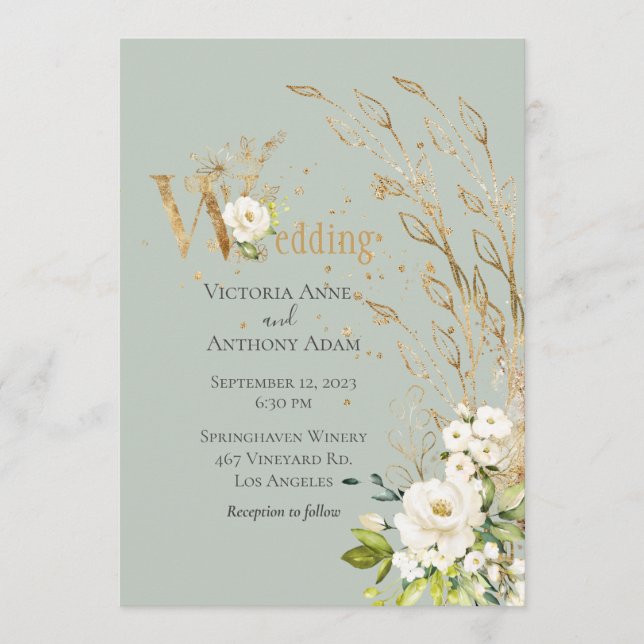 Invitation Élégant Vert Floral Rustique Script Mariage (Devant)