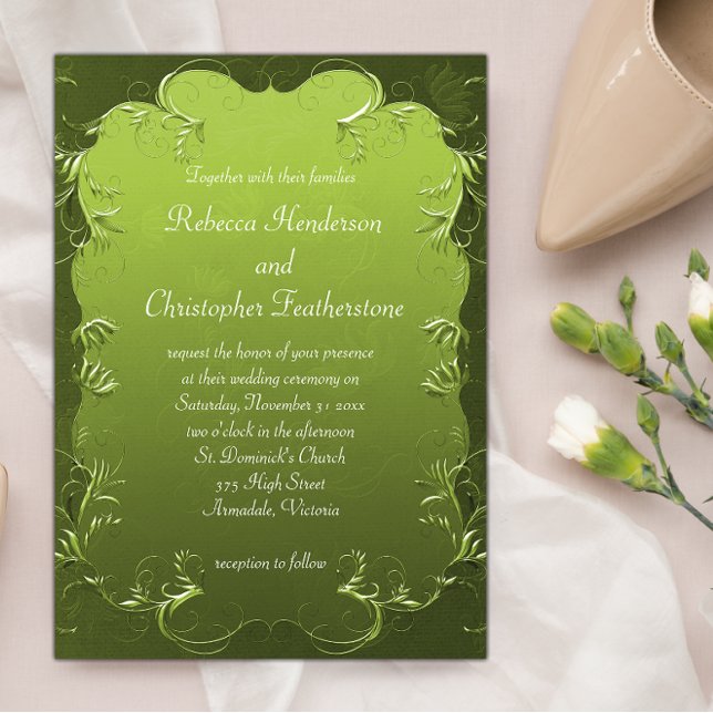 Invitation Élégant Vert Flouris & Scrolls Mariage classique (Créateur téléchargé)