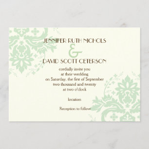 Invitation Élégant vert menthe damas, mariage d'ivoire