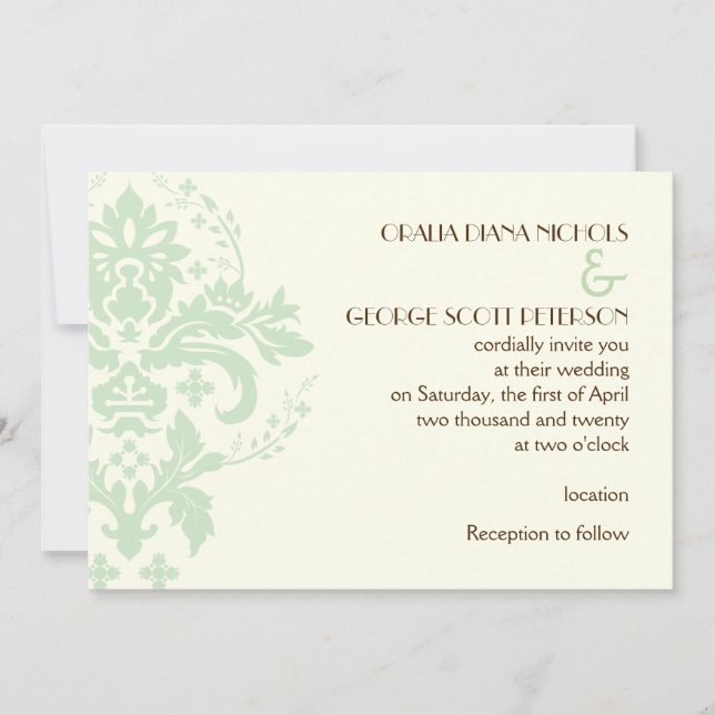 Invitation Élégant vert menthe damas, mariage d'ivoire (Devant)