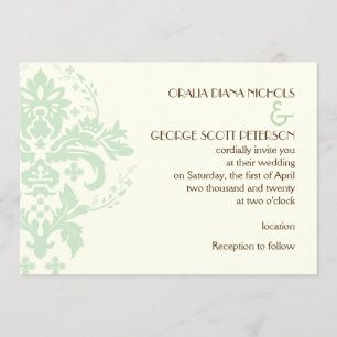 Invitation Élégant vert menthe damas, mariage d'ivoire