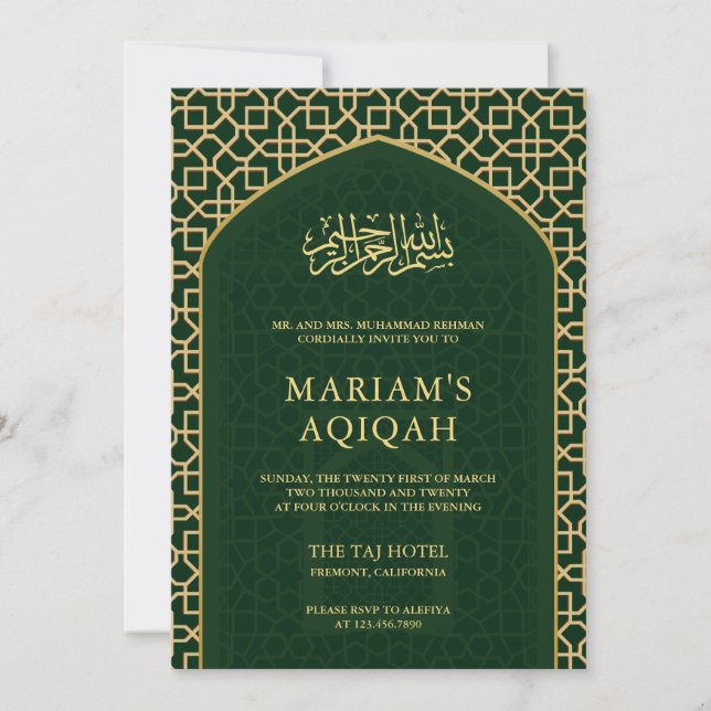Invitation Élégant Vert Or Islamique Mihrab Aqiqah (Devant)