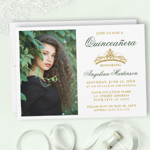Invitation Elégant Vert Or Moderne Photo Couronne Quinceanera