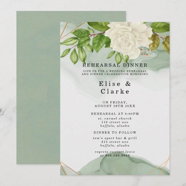 Invitation Élégant Vert Roses Blanches Dîner Rustique De Répé (Devant / Derrière)