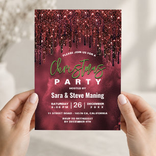 Invitation Elégant vert rouge faux parties scintillant goutte