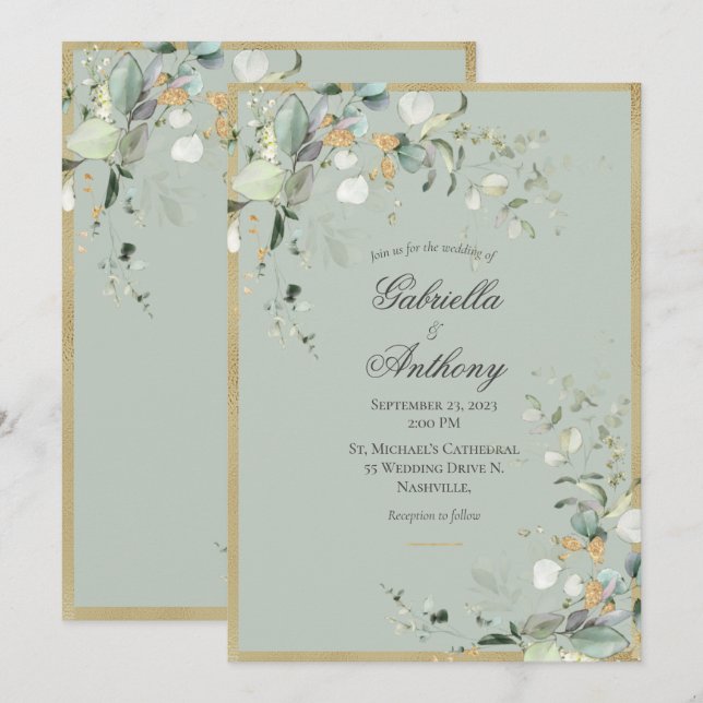 Invitation Élégant Vert Rustique Feuille Verdure Mariage Or (Devant / Derrière)
