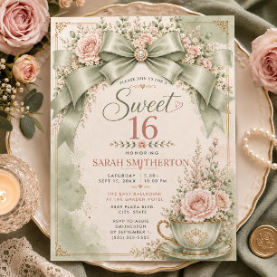 Invitation Élégant Vert Sauge Blush Coquette Nœud Douce 16