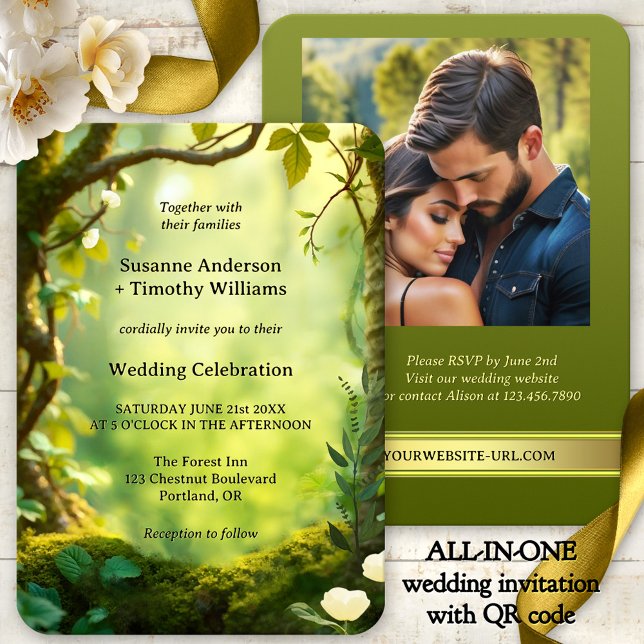 Invitation Élégant vert tout en un Mariage forestier (Elegant green and gold all-in-one wedding invitation showing a dreamy forest - with photo + QR code)