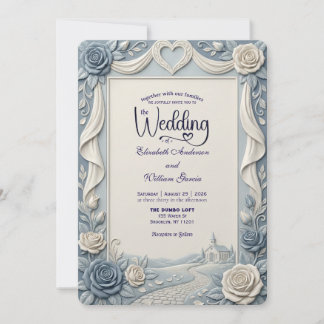 Invitation Elegant Victorian Dusty Blue Faux Embossed Rose