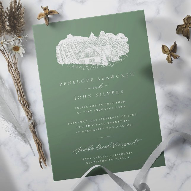 Invitation Elégant vignoble Illustration Sage Green Mariage (Sage green wedding invitation with an illustration of a vineyard)