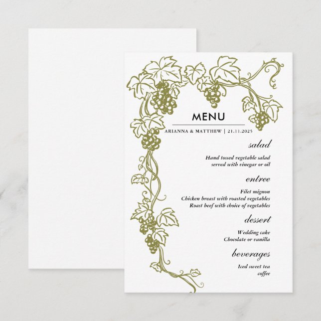 Invitation Élégant vignoble | Menu Mariage Italie (Devant / Derrière)