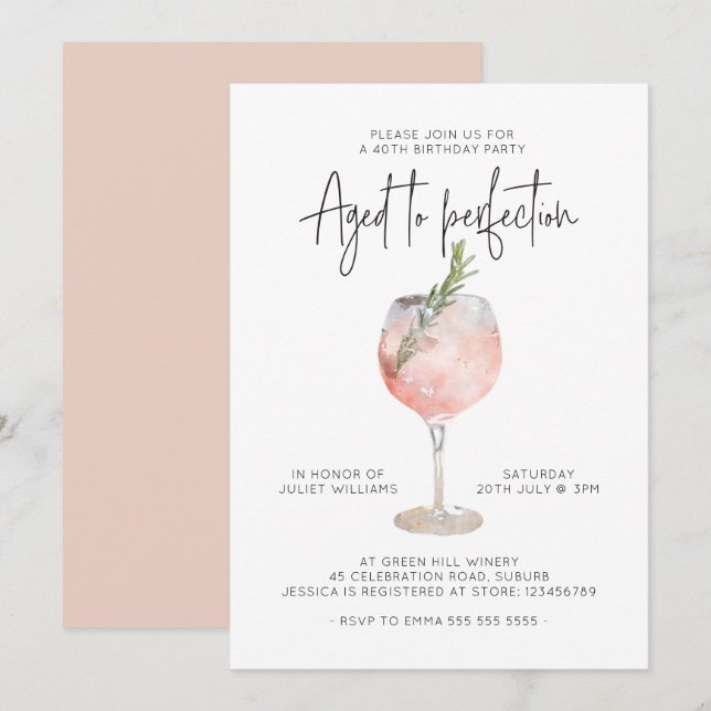 Invitation Élégant vin rose vieilli à la perfection 40e anniv (Devant / Derrière)