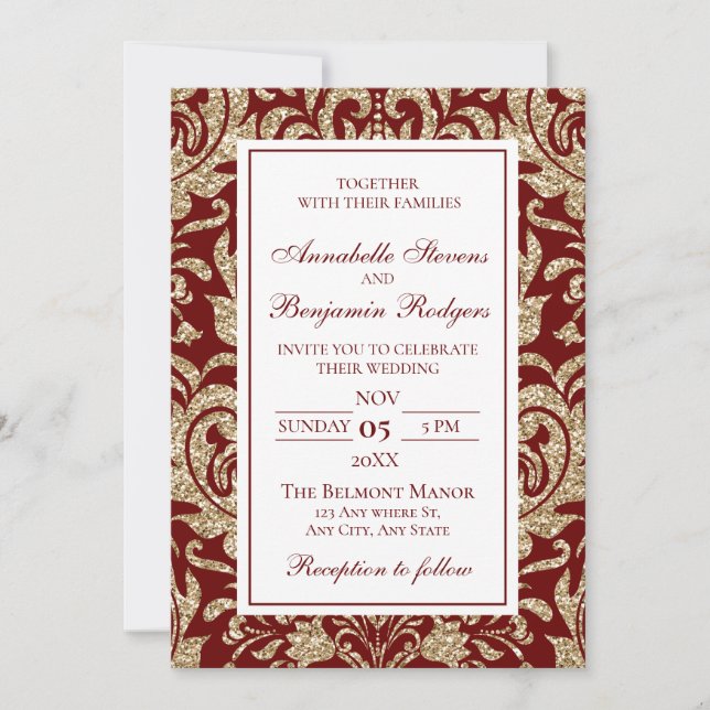 Invitation Elégant Vin Rouge et or Faux Parties scintillant M (Devant)