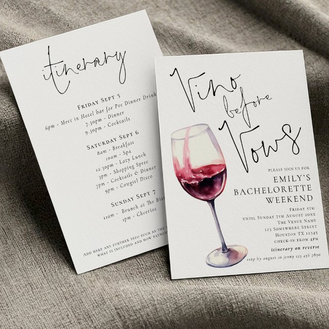 Invitation Élégant Vino Avant Vows Bachelorette Week-end (Front and back view)