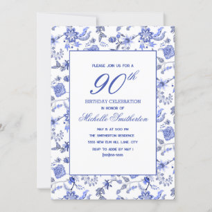 Invitation Élégant Vintage Antique Fleurs Bleues 90ème