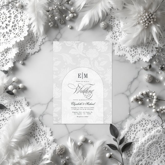 Invitation Élégant Vintage Arc de dentelle Monogramme Mariage (Elegant Vintage Lace Arch Monogram White Wedding Invitation)