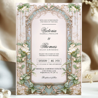 Invitation Élégant Vintage Art Nouveau Blanc Floral Mariage