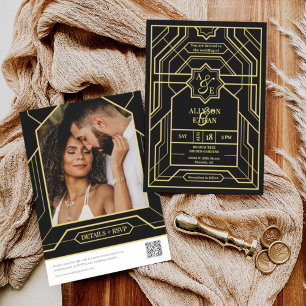 Invitation Elégant Vintage Black Gold Art Déco QR Code Photo