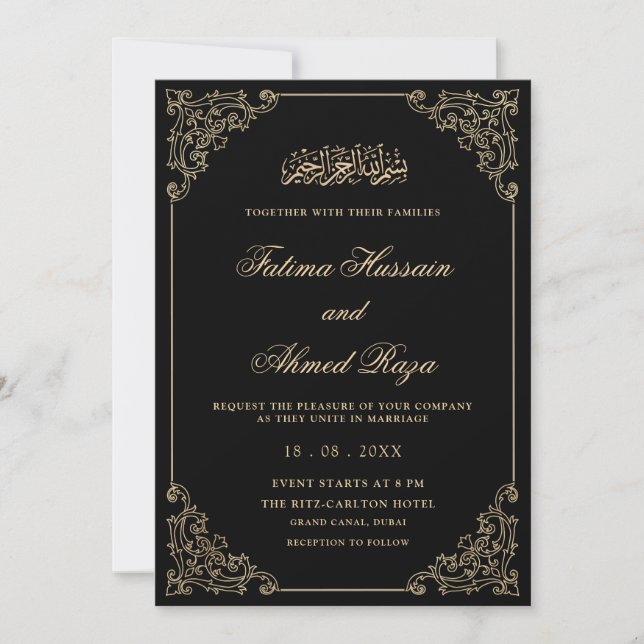 Invitation Élégant Vintage Black Gold Script Mariage musulman (Devant)