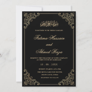 Invitation Élégant Vintage Black Gold Script Mariage musulman