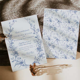 Invitation Élégant Vintage bleu floral Mariage Jouy