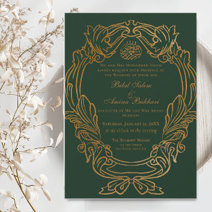 Invitation Élégant Vintage cadre d'or vert Mariage islamique