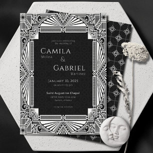 Invitation Elégant Vintage Déco noir blanc