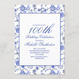 Invitation Élégant Vintage Fleurs Bleues 100e Anniversaire Fe