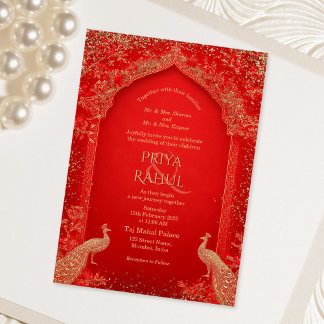 Invitation Elegant Vintage Floral Red Gold Indian Peacock