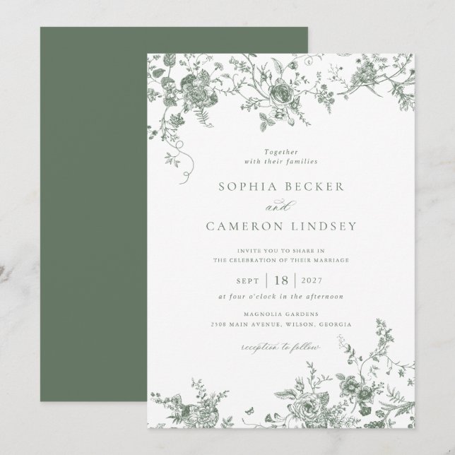 Invitation Élégant Vintage Floral Sage Mariage vert (Devant / Derrière)