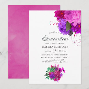 Invitation Élégant Vintage Fuchsia et Floral Violet Quinceañe