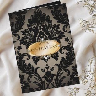 Invitation Élégant vintage or noir formel damas de mariage