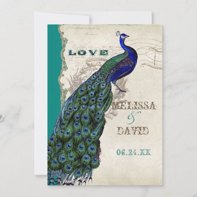 Invitation Élégant Vintage Peacock Feathers Script (Devant)